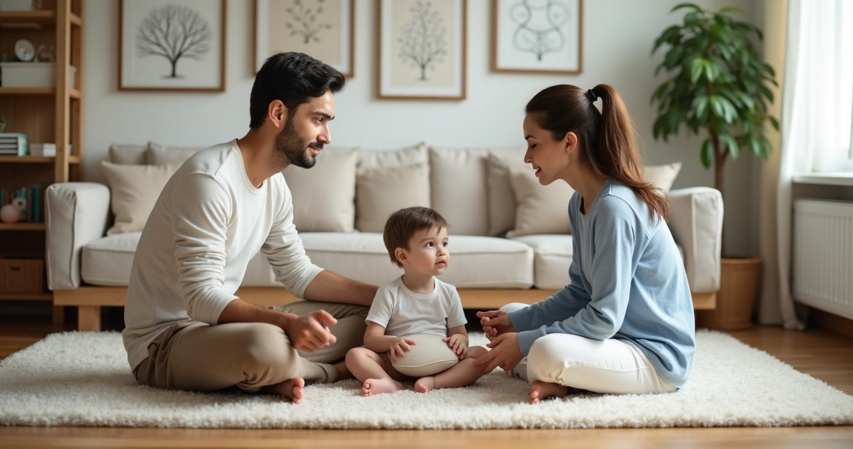 Pais sentados no chão em círculo com filho pequeno em ambiente acolhedor 