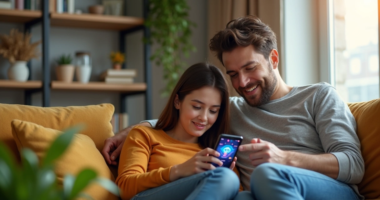 Pai e mãe usando aplicativo de inteligência artificial em smartphone com ambiente moderno de casa ao fundo 