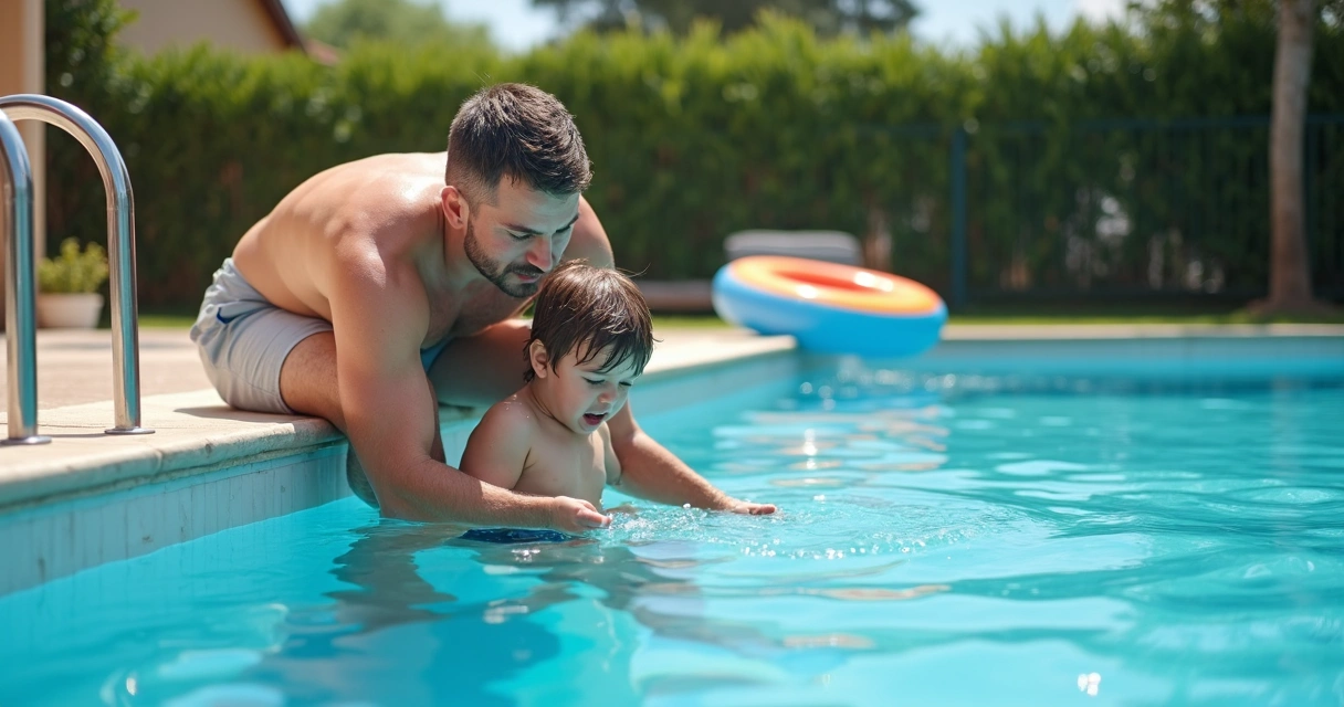 Pai segura criança perto da borda da piscina com boia colorida ao lado 