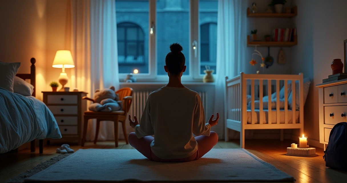 Pai solo meditando ao lado do berço em quarto infantil à noite 