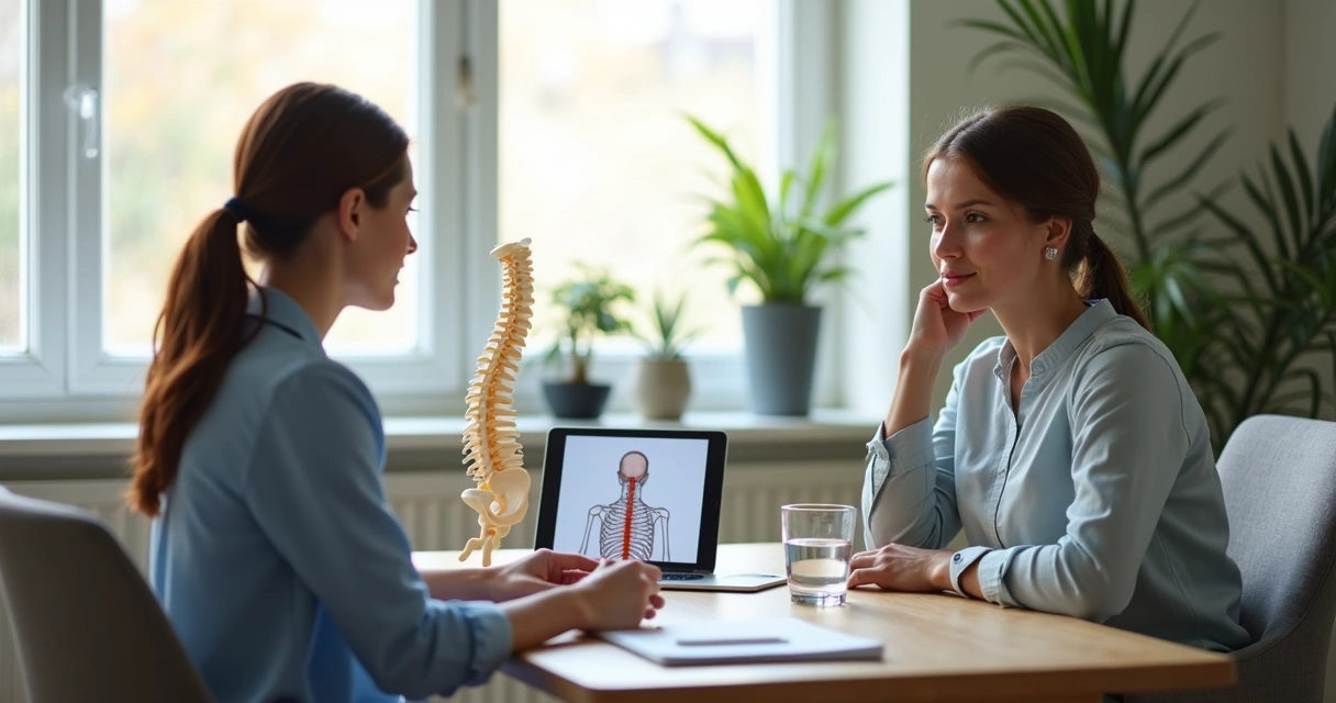Professional discussing pain support with an adult in a calm clinic