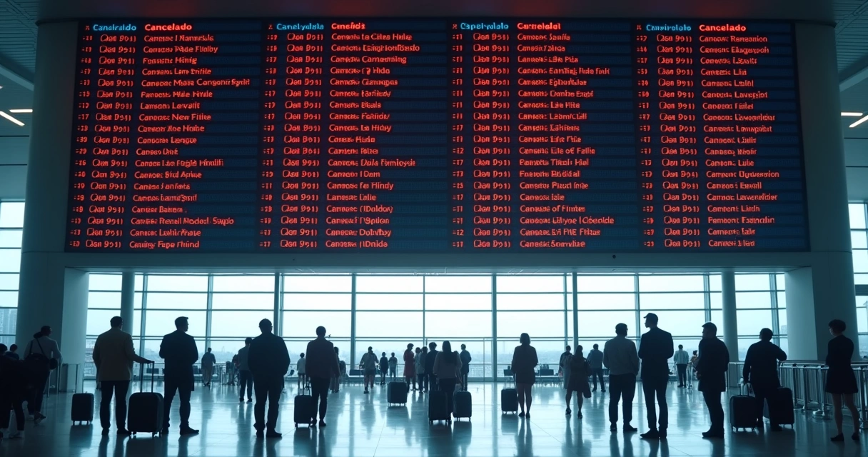 Painel digital de aeroporto com vários voos cancelados 