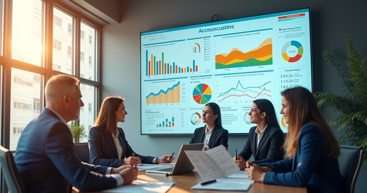Painel digital com gráficos contábeis em tela grande em ambiente corporativo 