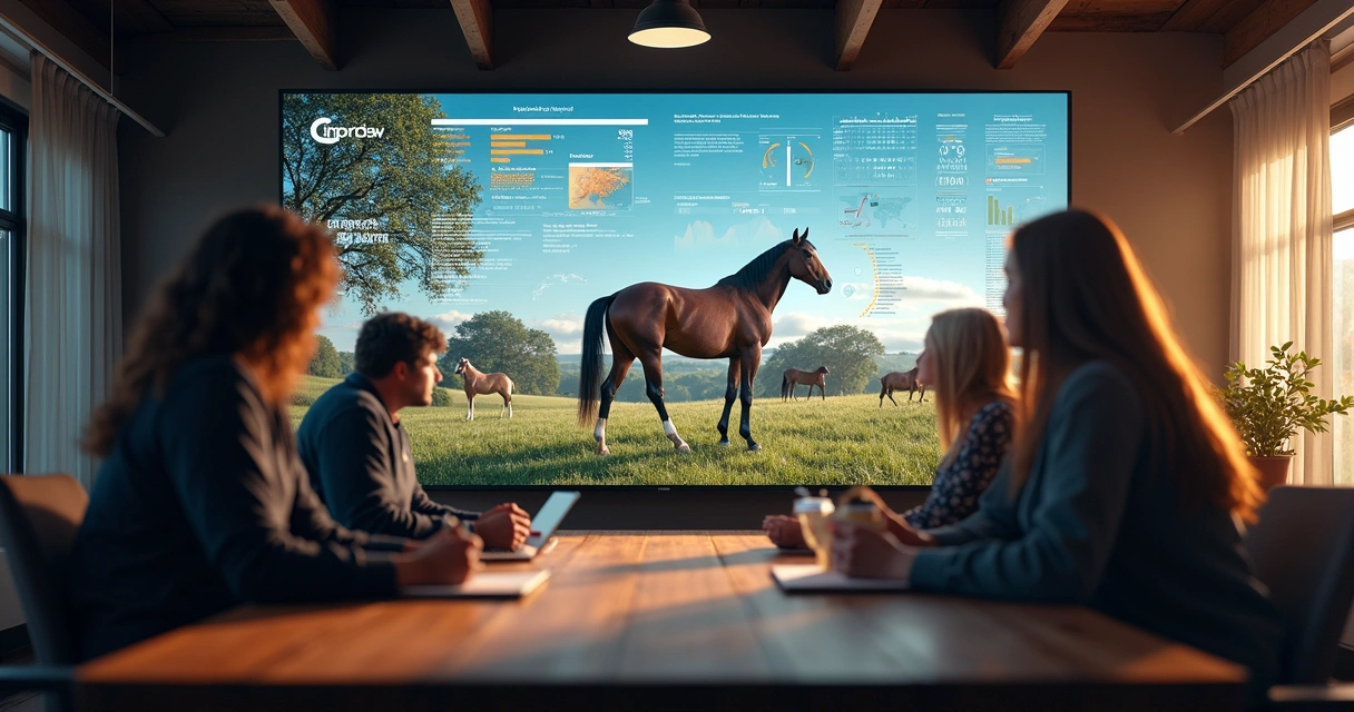 Painel mostrando estatísticas reprodutivas de cavalos em tela digital.