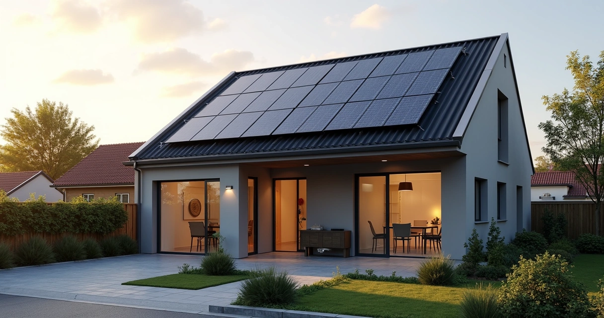 Painéis solares instalados no telhado de uma casa de aluguel 