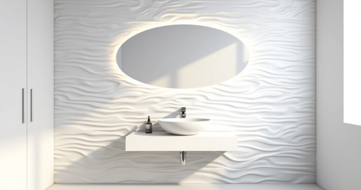 Painel 3D branco instalado na parede do banheiro. 