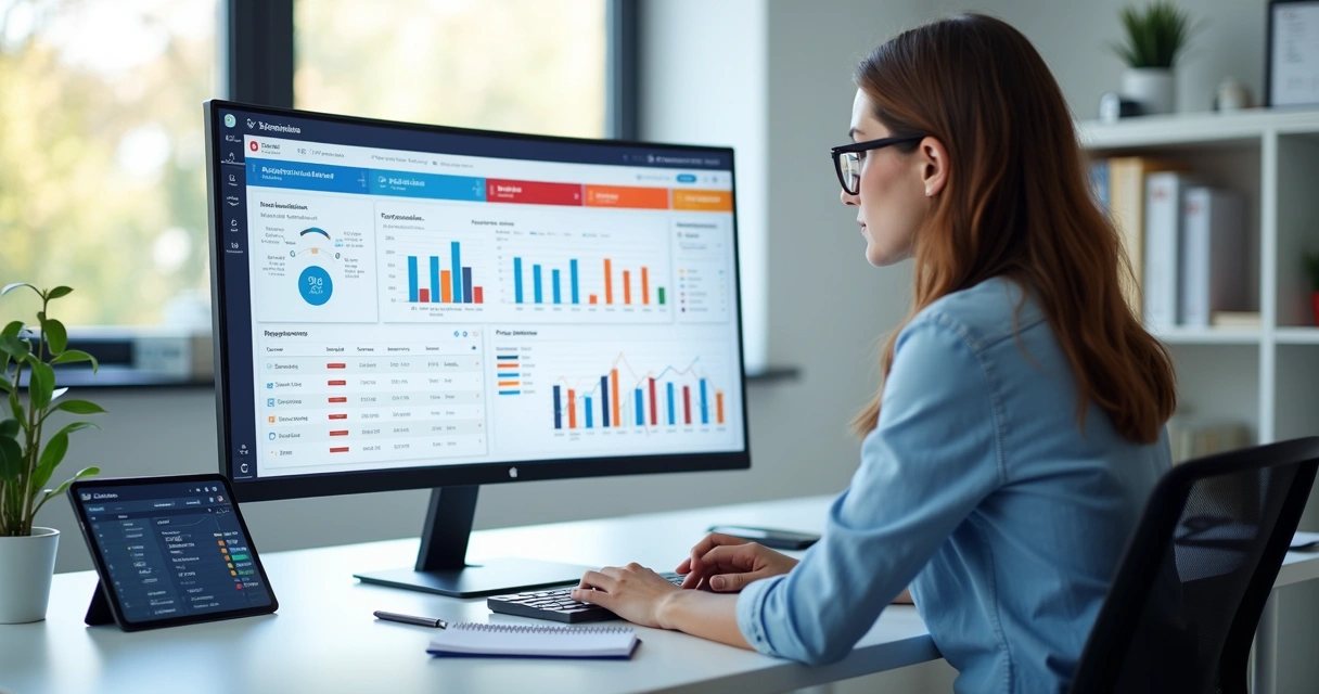 Coordenador analisando painel acadêmico digital com notas e frequência dos alunos 
