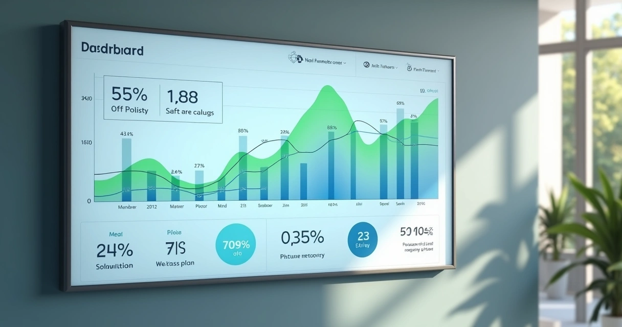 Painel digital mostrando gráficos de acompanhamento em uma clínica de saúde, foco em métricas positivas de conversão 