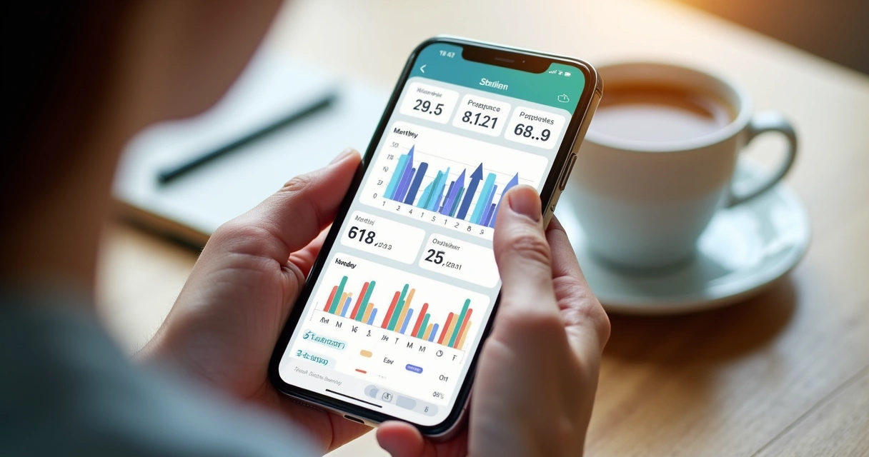 Painel de acompanhamento financeiro no celular com gráficos coloridos