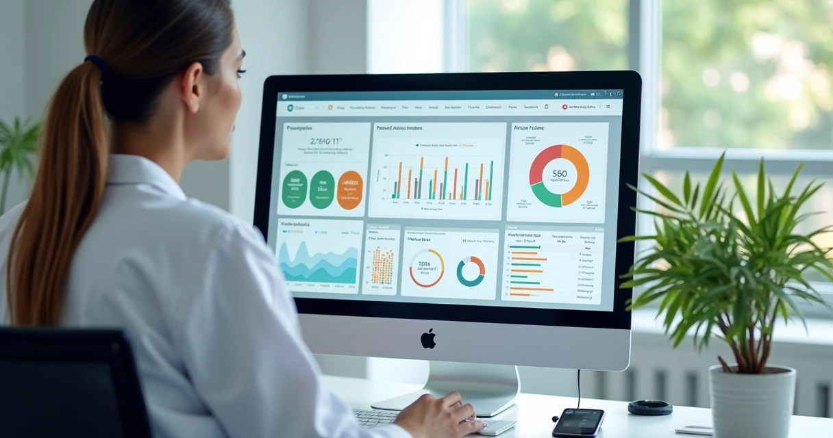 Painel digital com gráficos nutricionais e indicadores de saúde 