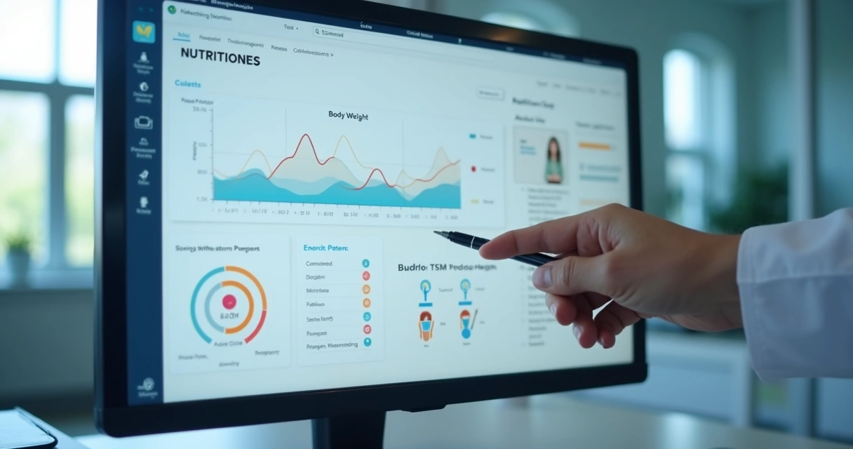 Painel digital com métricas nutricionais e check-ins de pacientes 