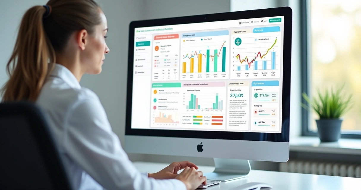 Painel digital de acompanhamento com gráficos e alertas coloridos em tela de computador 