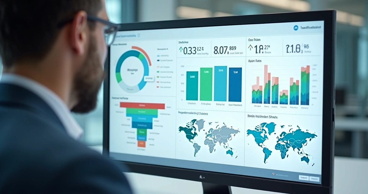 Painel digital com relatórios de ROAS e gráficos de desempenho 