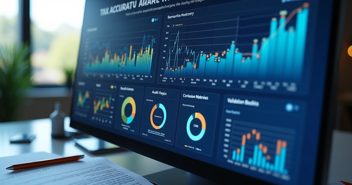 Dashboard de acurácia tributária com gráficos e indicadores de revisão