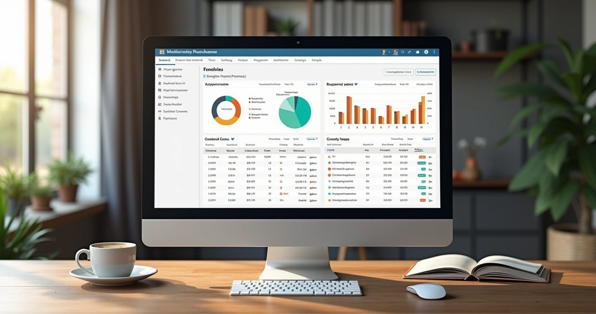 Tela detalhada de painel administrativo mostrando consolidação de pedidos coletivos com gráficos, status de franqueados e resumo de quantidades 