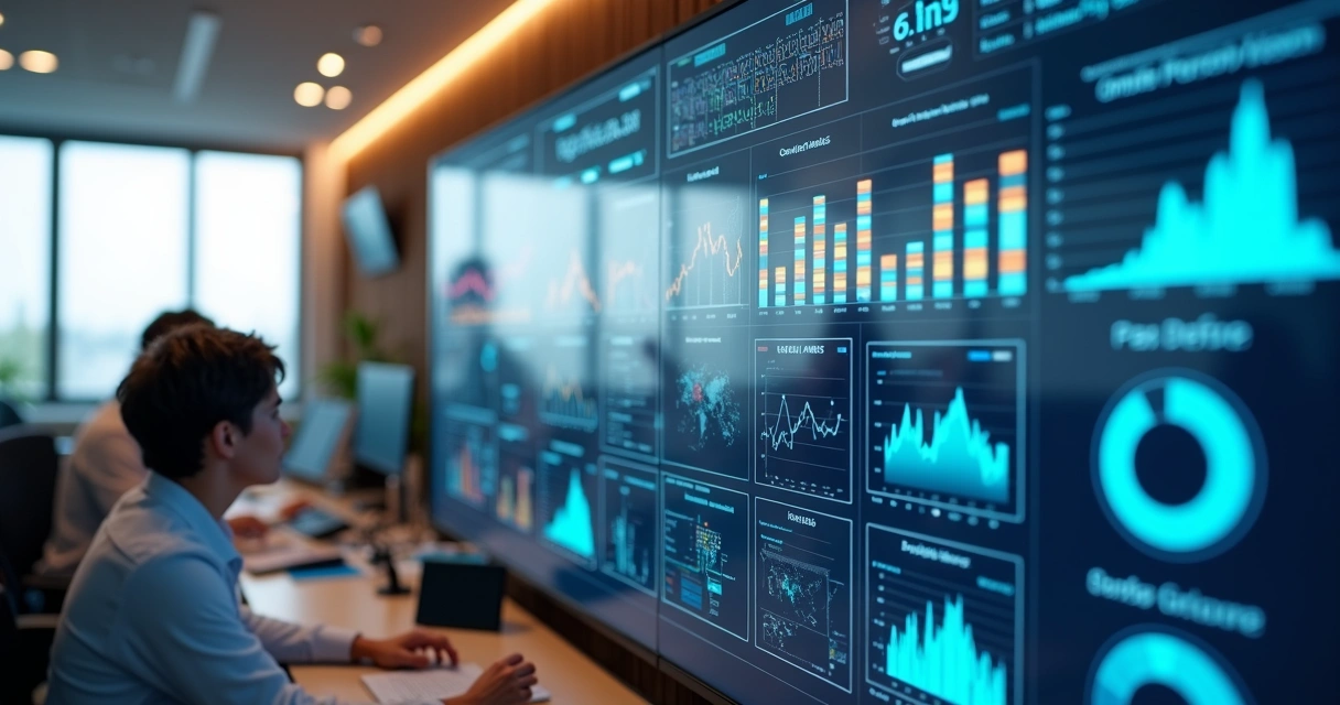 Dashboard colorido e moderno com gráficos e cards de informações empresariais