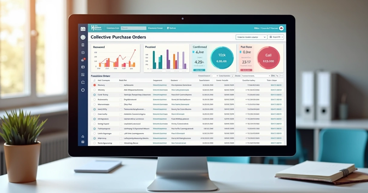 Tela de painel administrativo exibindo consolidação de pedidos coletivos com gráficos de quantidades e status de franqueados 