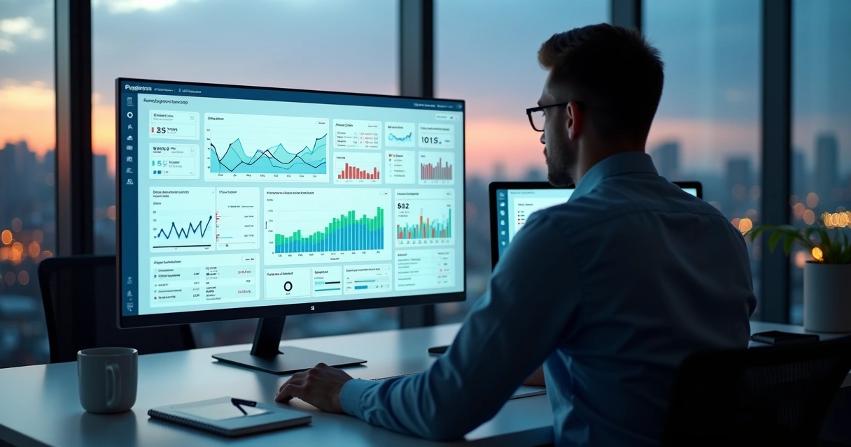 Gestor analisando painel administrativo com gráficos em um monitor widescreen 