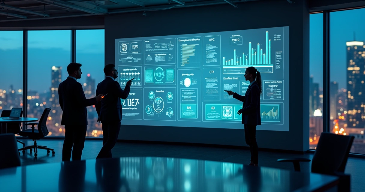 Painel digital com dashboard de anúncios B2B projetado em parede de escritório moderno 