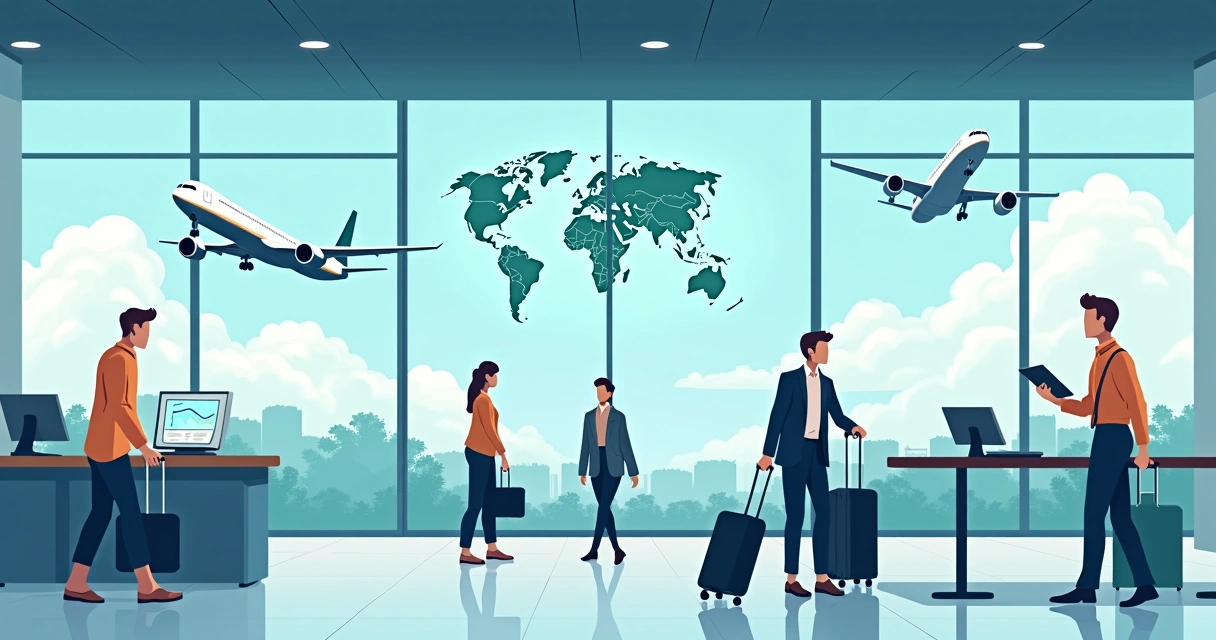 Painel com aeroporto, aviões e mapas de rotas turísticas 