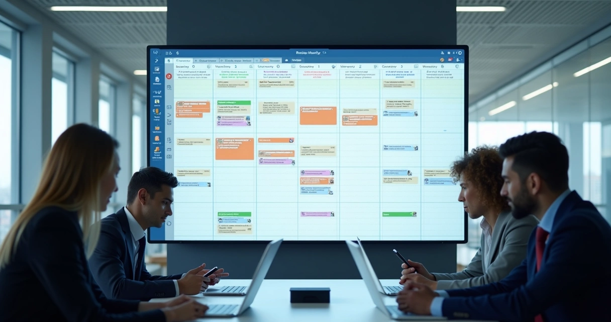 Painel digital mostrando uma agenda de reuniões centralizada, com eventos destacados 