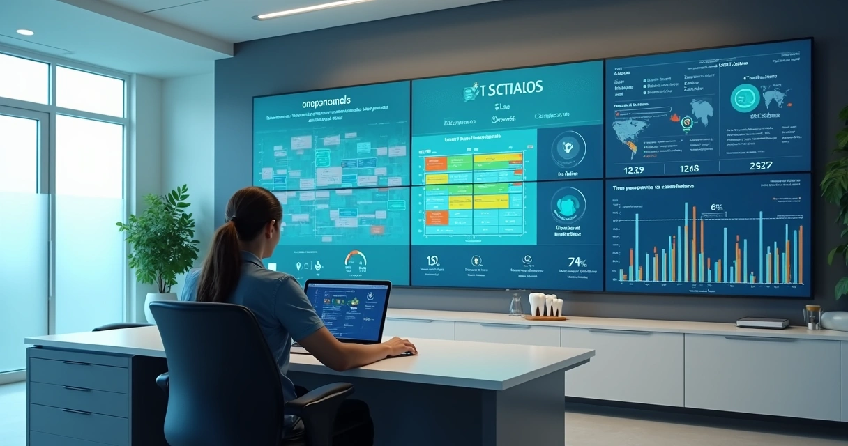 Gestor de clínica odontológica observando grande painel digital com calendário automático e indicadores de agendamento 