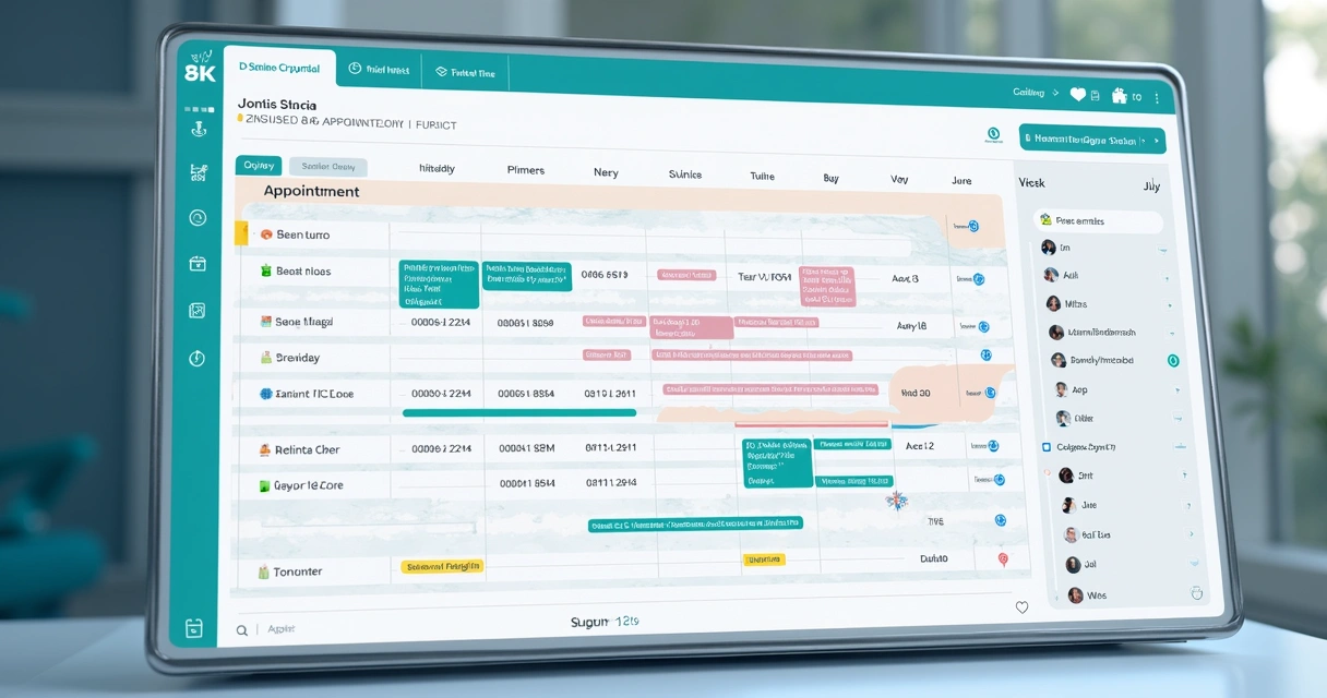 Painel digital de agendamento com horários coloridos e nomes de pacientes 