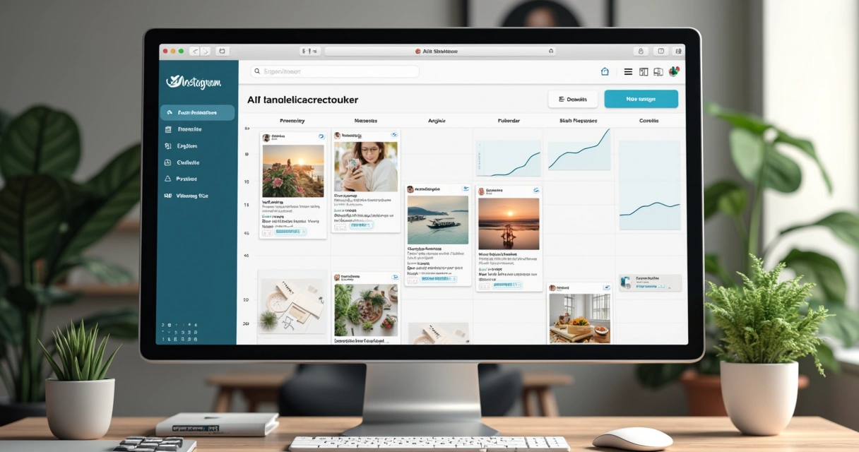 Painel de agendamento de posts do Instagram com gráficos e calendário digital 