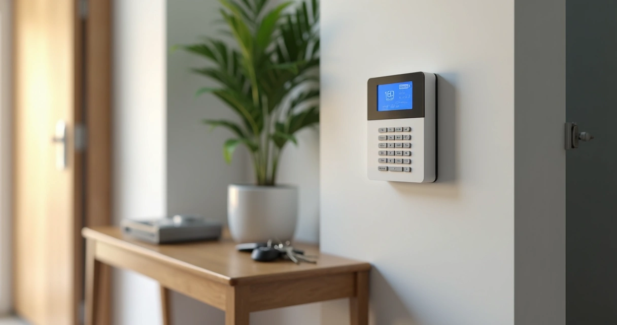 Painel de alarme instalado em parede residencial