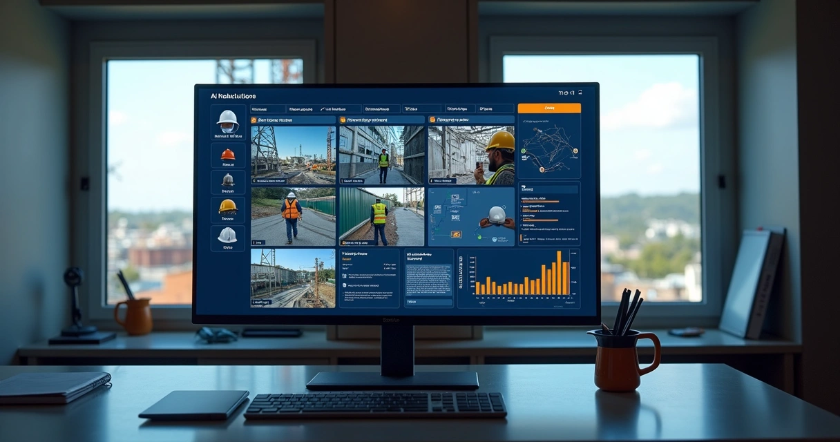 Painel com alertas de EPI em obra 