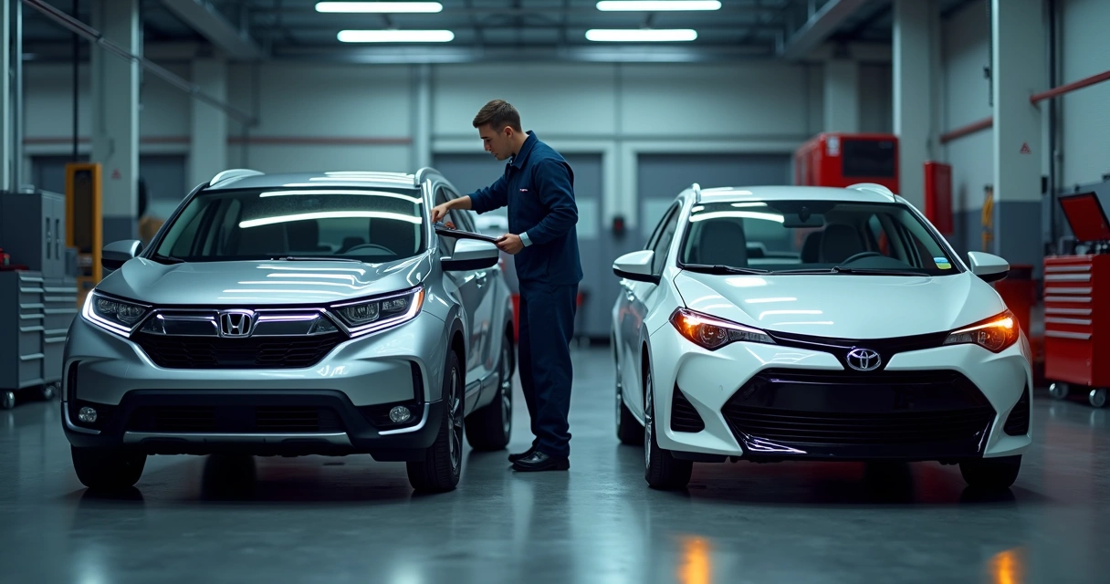 Painel de carro com luzes de alerta acesas ao lado de Honda e Toyota em oficina moderna 