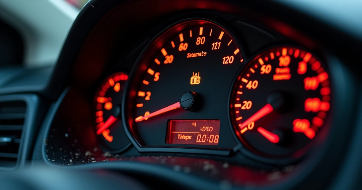 Painel de carro com luzes de alerta acesas mostrando necessidade de revisão