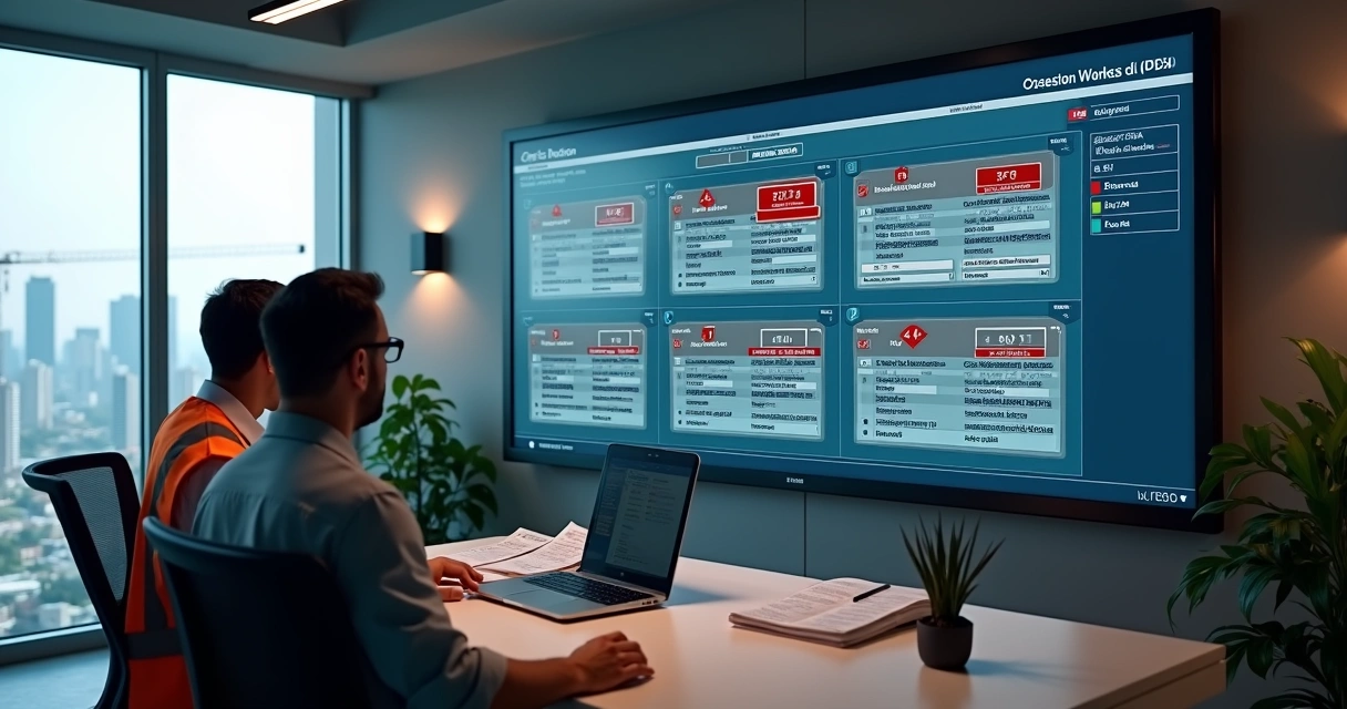 Painel digital com alertas vermelhos sobre cadastro de obras 