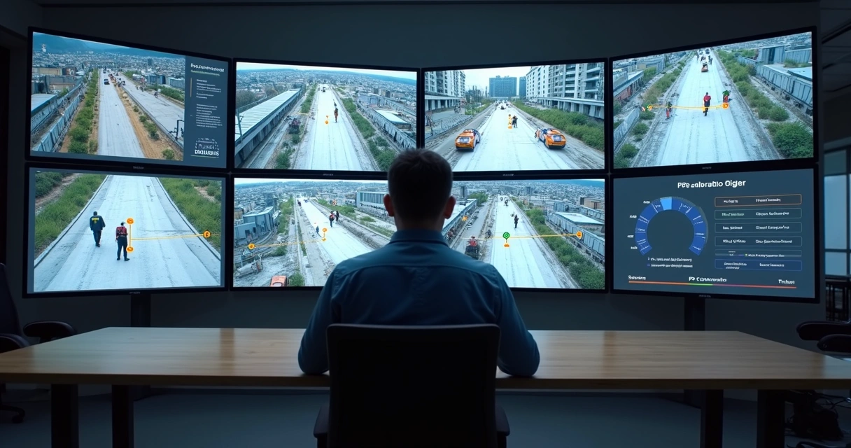 Painel com alertas visuais de EPI em monitoramento de obra 