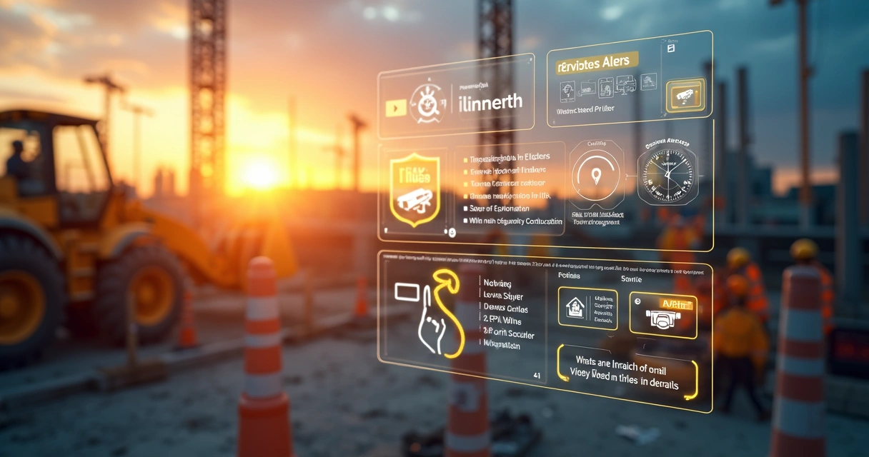 Painel digital mostrando alertas de segurança em um canteiro de obras 