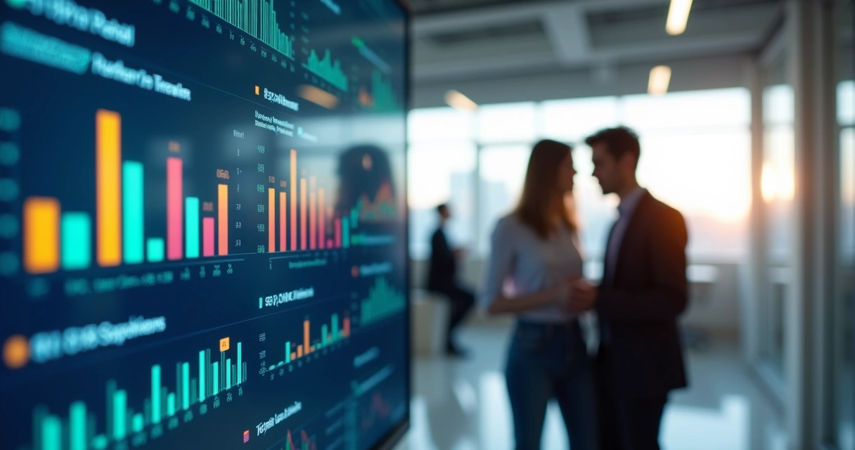 Dashboard digital colorido com gráficos de progresso, foto de equipe reunida ao fundo