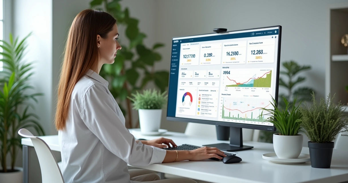 Profissional de marketing analisando painel de avaliações online de clínica