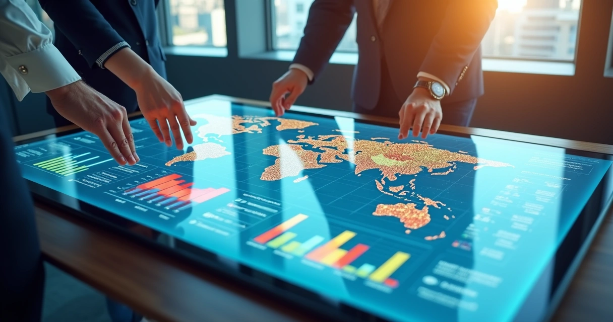 Painel empresarial com dados de BI em destaque 