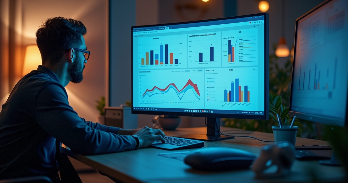 Profissional avaliando dashboard com gráficos e métricas de campanha Meta Ads 