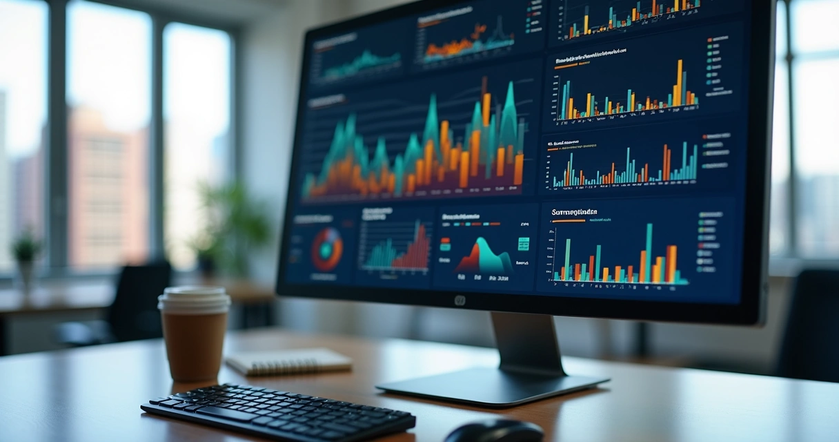 Painel analítico com gráficos de negócios em tela de computador 