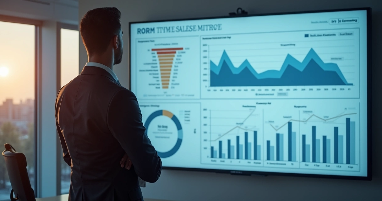 Corretor com painel digital analisando dados de desempenho de vendas imobiliárias 