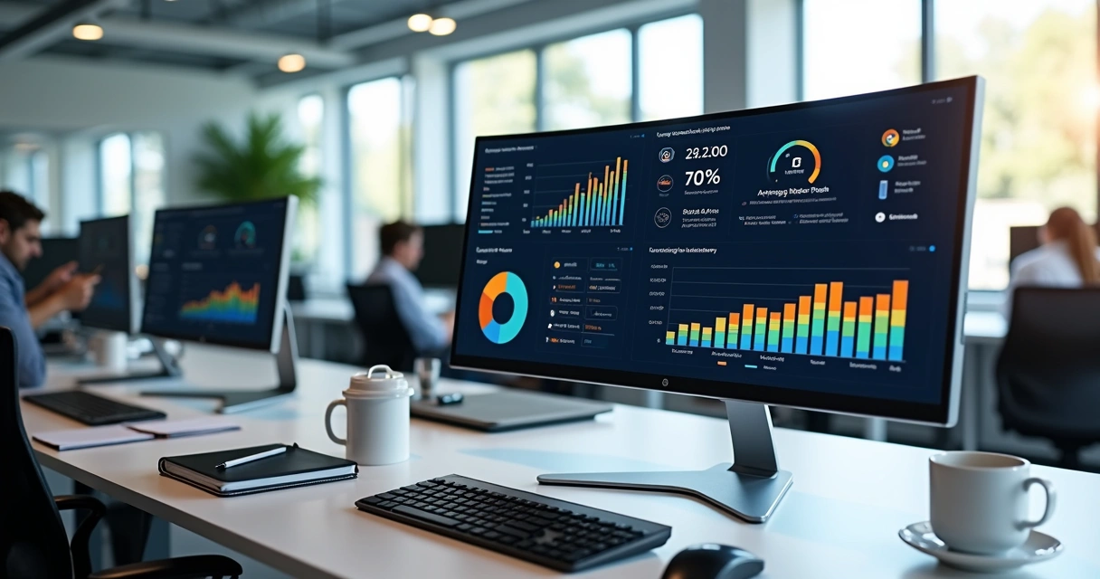 Tela de computador exibindo painéis detalhados de KPIs para agentes de IA com gráficos e métricas em ambiente de escritório moderno 