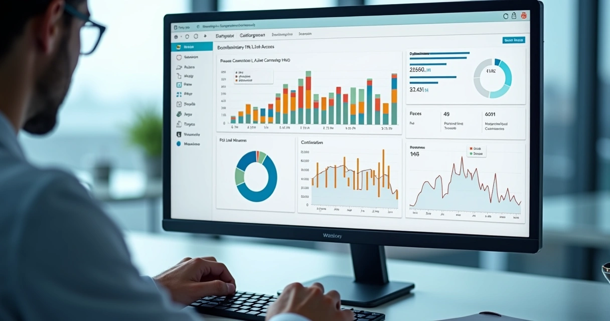 Painel digital mostrando estatísticas de cliques e gráficos de acessos em uma página de links 