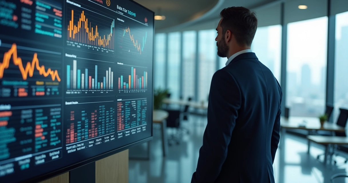 Executivo observa painel digital com análise de métricas de vendas. 