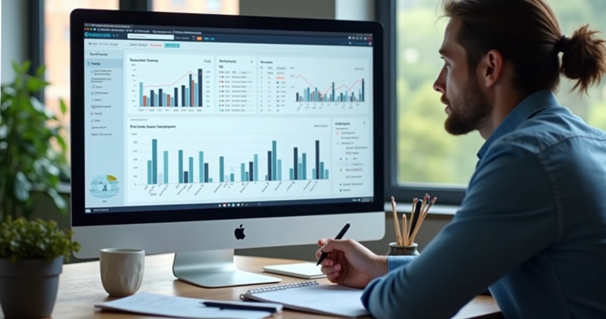 Profissional analisando painel de métricas de anúncios digitais 