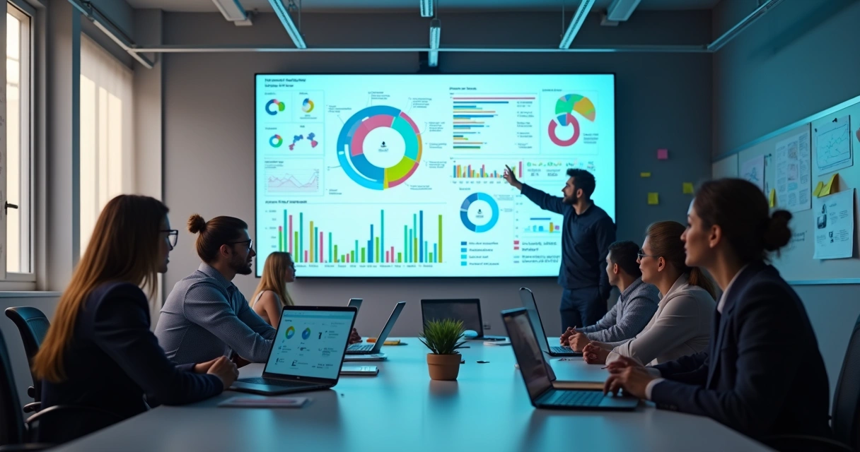 Painel de análise de dados com gráficos digitais em tela grande 