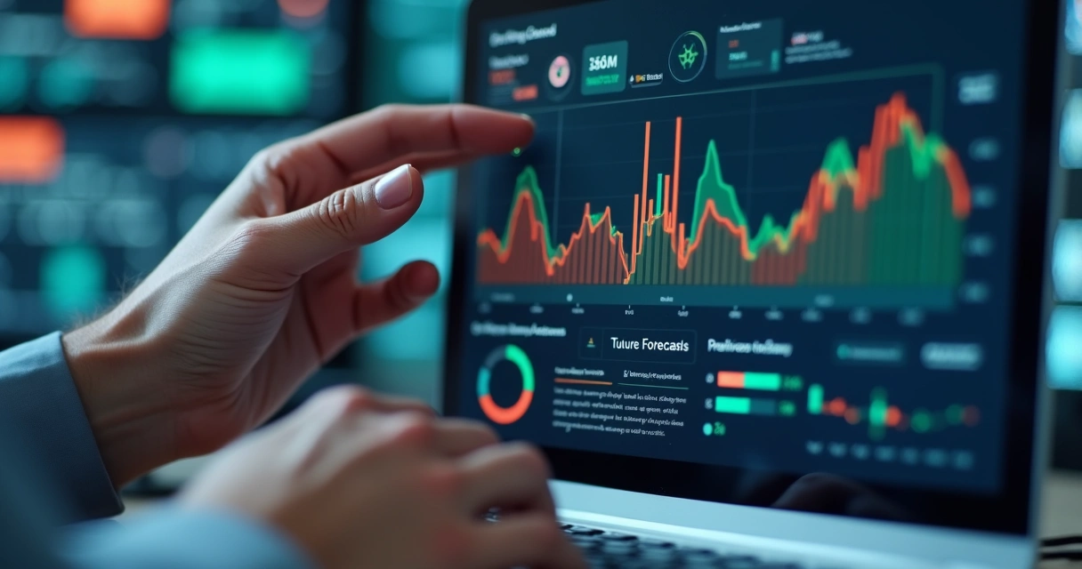 Painel digital de análise preditiva com gráficos coloridos e alertas diferentes 