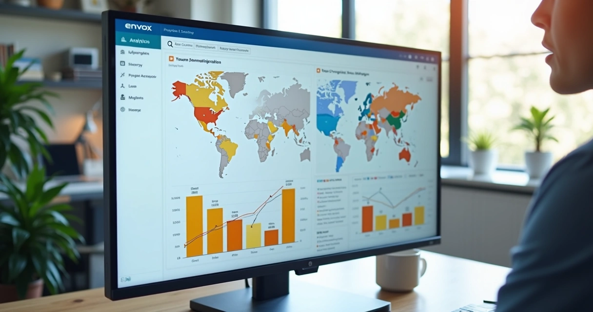 Monitor exibe painel com gráficos de ranking de palavras-chave ao longo dos meses 