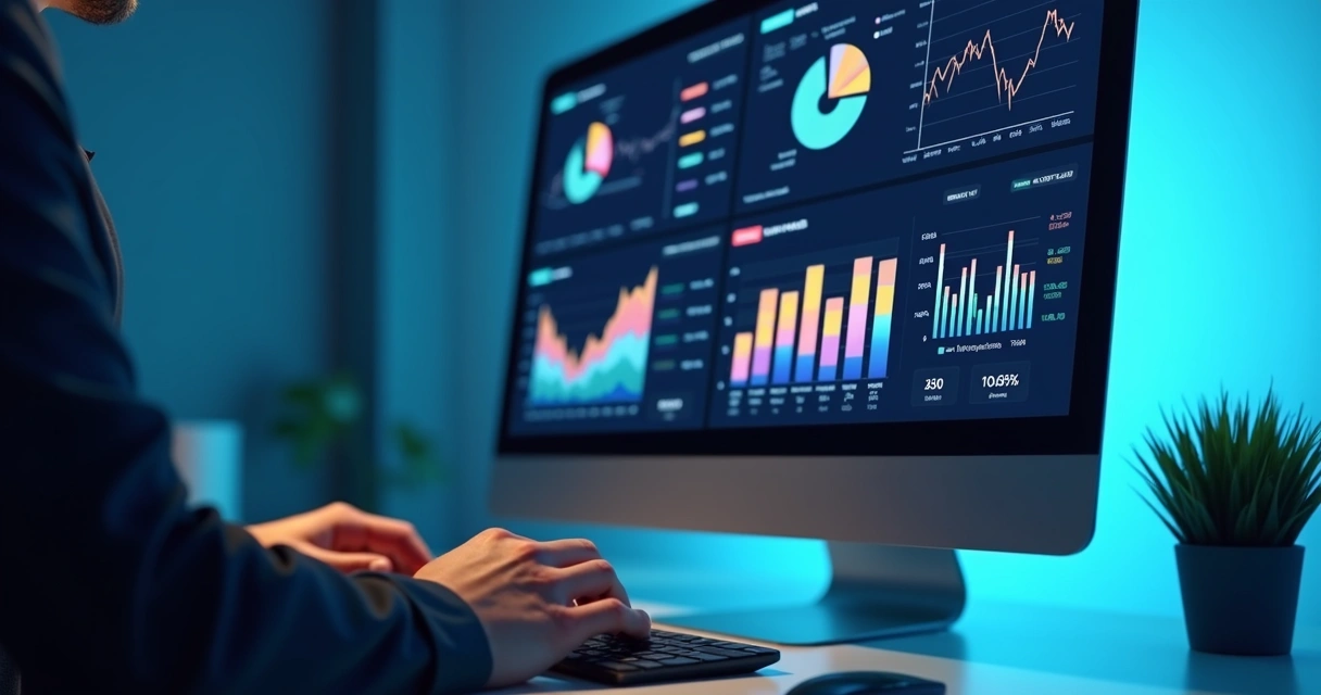 Painel digital com gráficos de risco e dados de carteira de clientes 