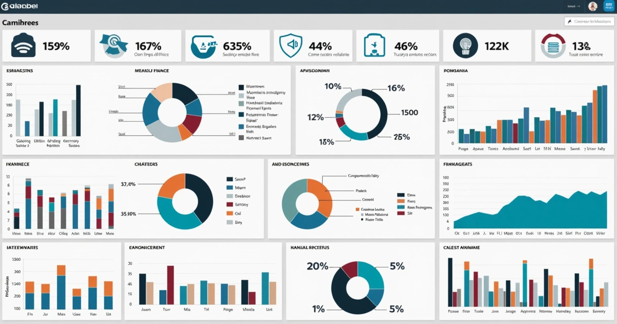 Painel com gráficos financeiros e caminhões em tela dividida 